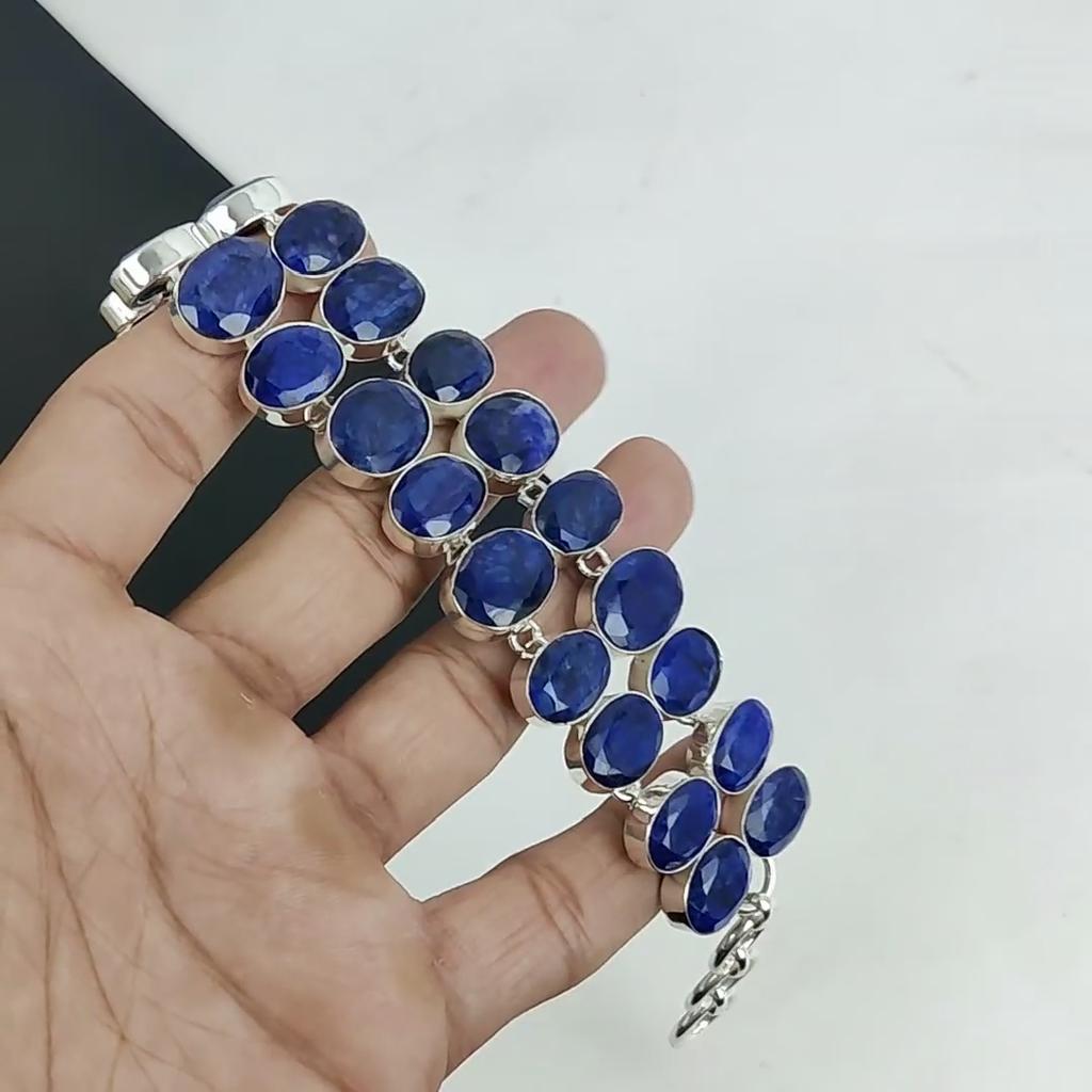 Удивительный синий сапфир драгоценный камень браслет ручной работы из стерлингового серебра 925 пробы, синий сапфир браслет для жены, браслет унисекс, пасхальный подарок