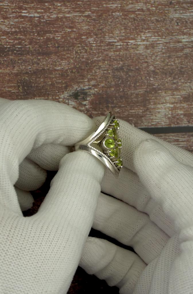 Sterling Silver Multi Stone Peridot Ring - Cluster Green Gemstone Statement Ring with Rope Border - August Birthstone Jewelry for Women