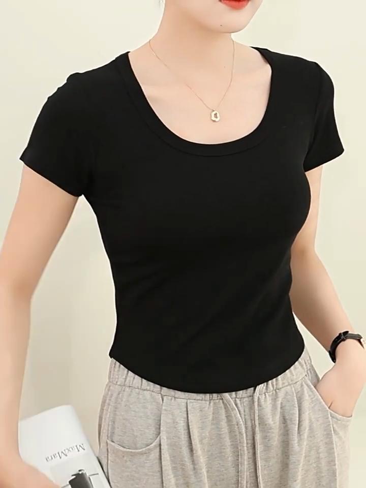Curved T-shirt Women's Short-sleeved 2024 Summer New High-elastic Threaded Cotton Short Round Neck Bottoming Shirt