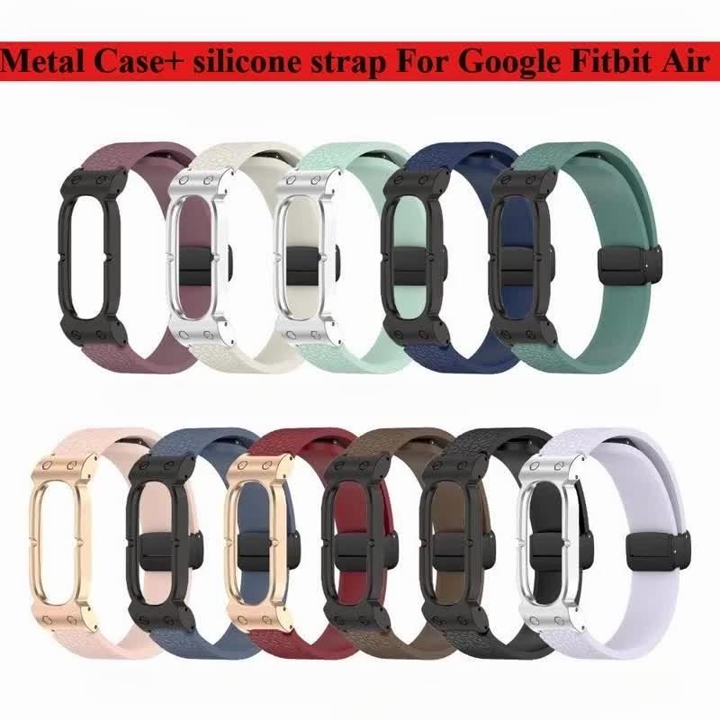 Fold Magnetic Buckle Silicone Band With Metal Armor Frame Lychee Grain Wrist Strap Compatible Google Fitbit Air