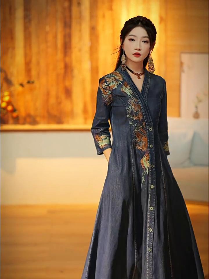 Johnature V-Neck Embroidery Chinese Style Vintage Dress Woman Spring Button Cotton Single Breasted Personality Dress