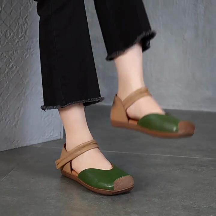 Johnature Mixed Colors Genuine Leather Sandals Retro Square Toe Soft Sole Versatile Women's Flat Shoes