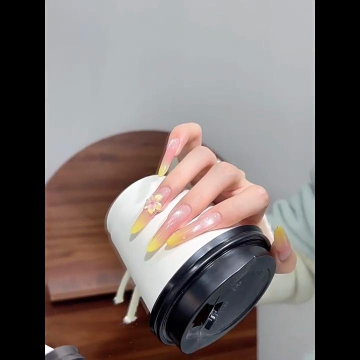 Clear and White Cat's Eye Yellow Pure Handmade Nail Pure Handmade Summer Medium and Long Nail Patch Fake Nail Piece