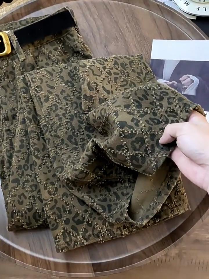 Leopard Print High Waist Slim Jeans for Women's Street Wear 2025 Spring and Autumn Vintage Casual Straight Pants