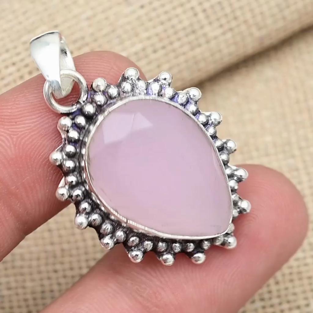 Pink Chalcedony Gemstone Handmade 925 Solid Sterling Silver Jewelry Charming Pendant Gift For Her
