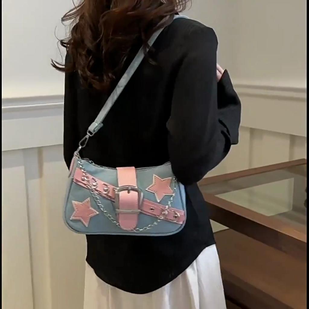 Yogodlns Fashion Women's Handbags Denim Stars Pattern Cool Girls Underarm Bag Female Small Shoulder Hobo Bags Chain Tote Bag