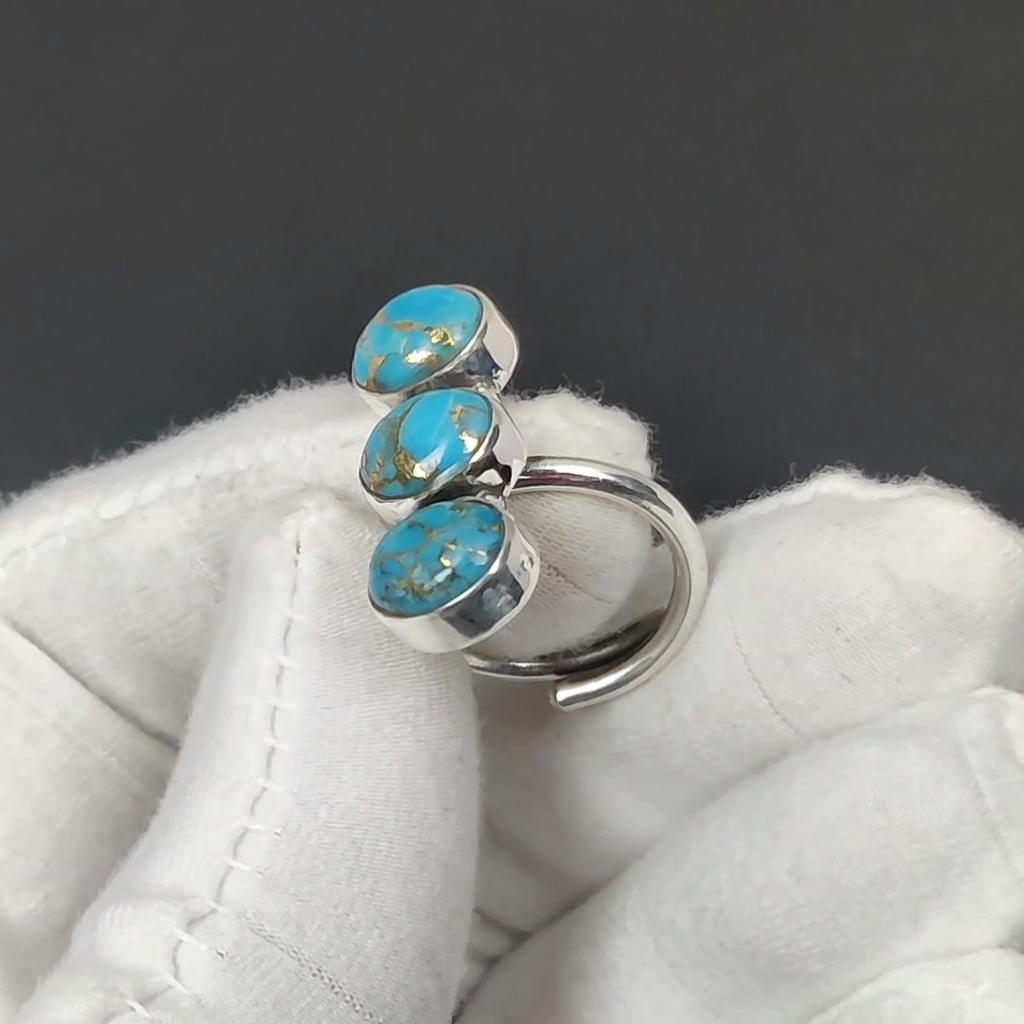 Кольцо из серебра 925 пробы с голубой медью и бирюзой, регулируемое — подходит для размеров США от 6 до 10 — украшения ручной работы в стиле бохо для женщин и мужчин, подарки на День святого Валентина