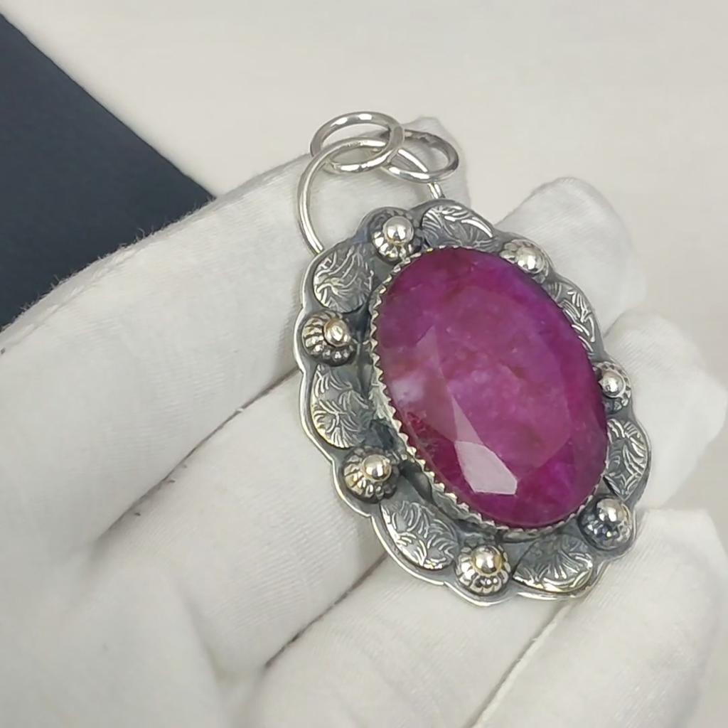 Dainty Kashmir Ruby Gemstone Silver Pendant In 925 Sterling Silver- Handmade Design, Everyday Wear Jewelry, Unique Pendant Wadding Gifts