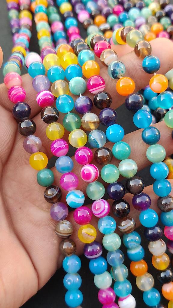 Natural Colored Rainbow Mix Striped Banded Agate Beads, Gemstone Beads, Loose Round Beads, 14-15 Inch Strand, 6mm 8mm 10mm Size Stone Beads.