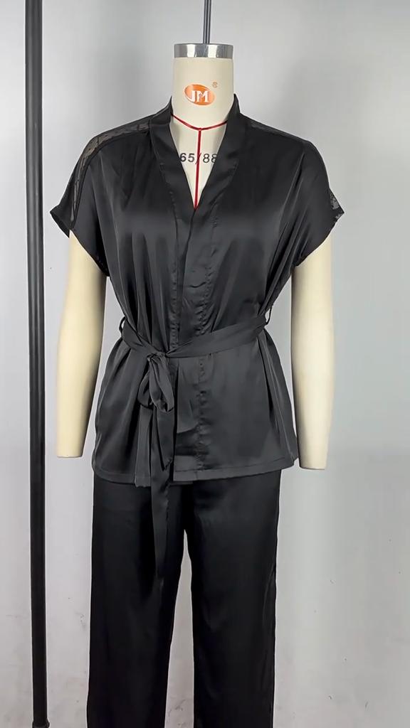 Лоскутные женские пижамы с короткими рукавами, весенне-осенний кардиган на шнуровке, халат, пижамный брючный костюм, женская домашняя одежда