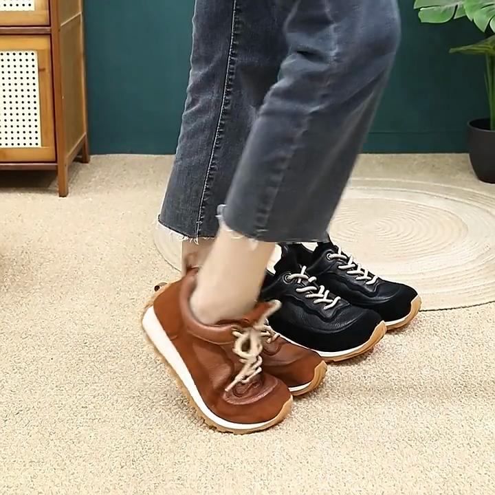 Johnature Thick Soled Casual Sneaker Shoes Retro Soft Soled Comfortable Genuine Leather Women's Shoes