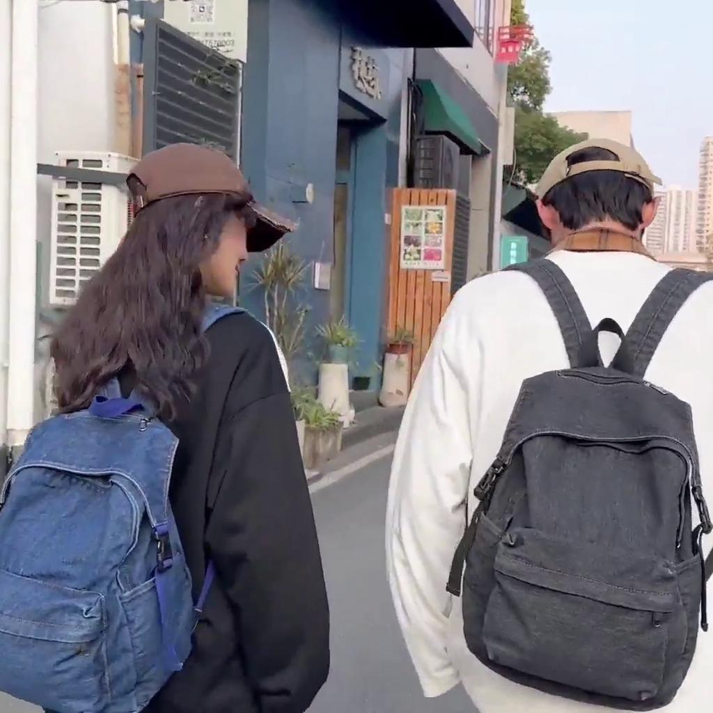 Solid Color Women Denim Backpack College Style Student Backpack Men Travel Bag