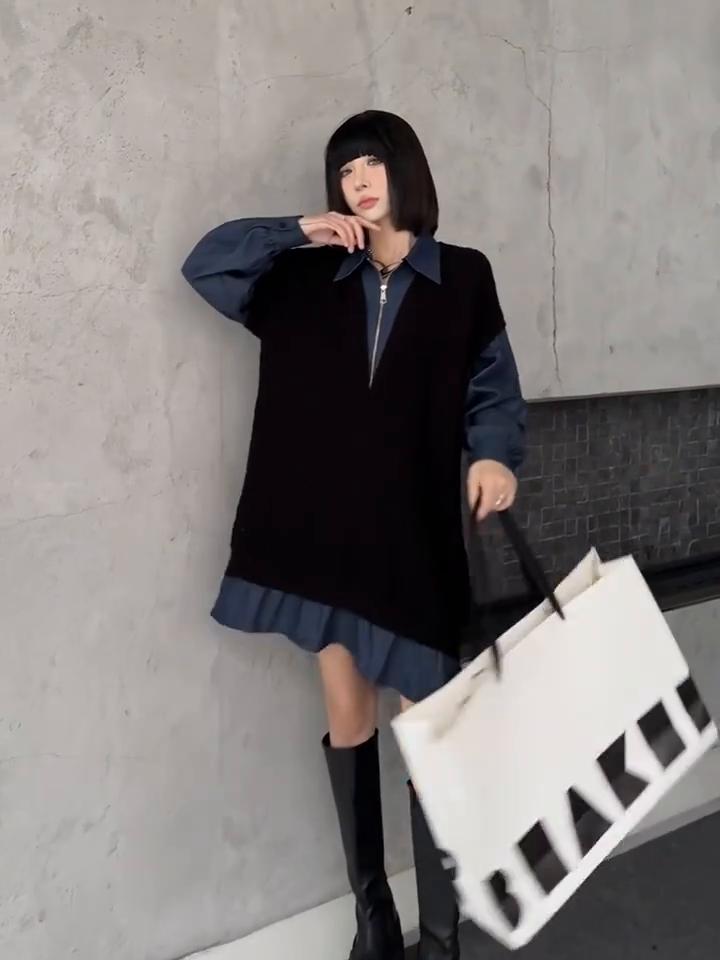 Xitao Knitting Patchwork Zipper Dress HQQ2417