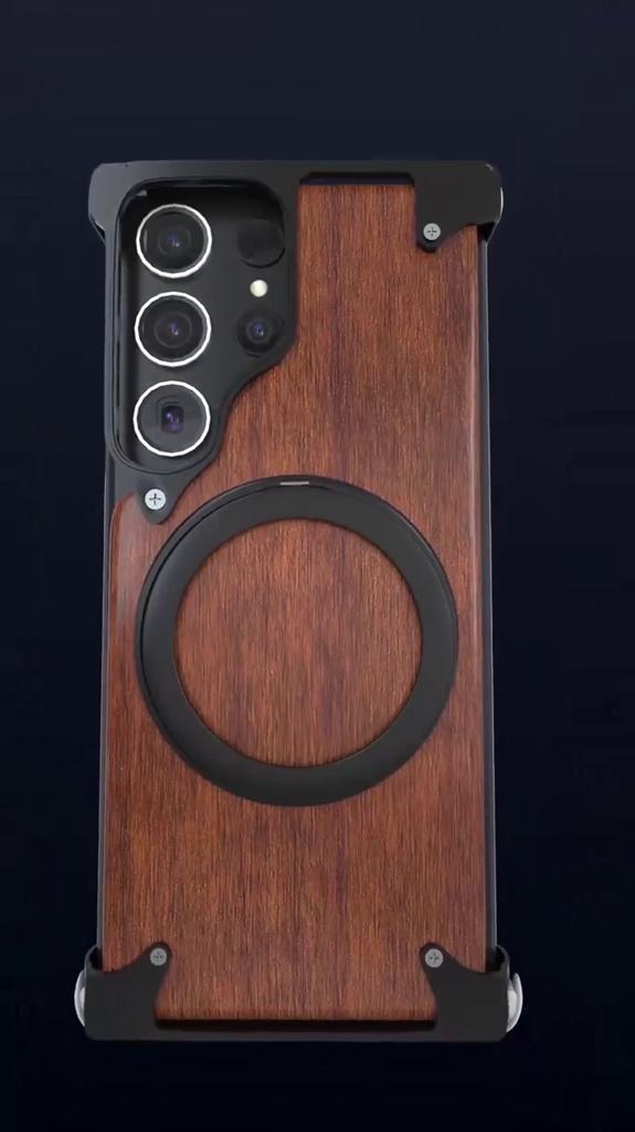 Luxury Wood Magnetic Phone Case for Samsung Galaxy S24 Ultra Magsafe 360° Kickstand Frameless Bumper Drop-Proof Phone Back Cover