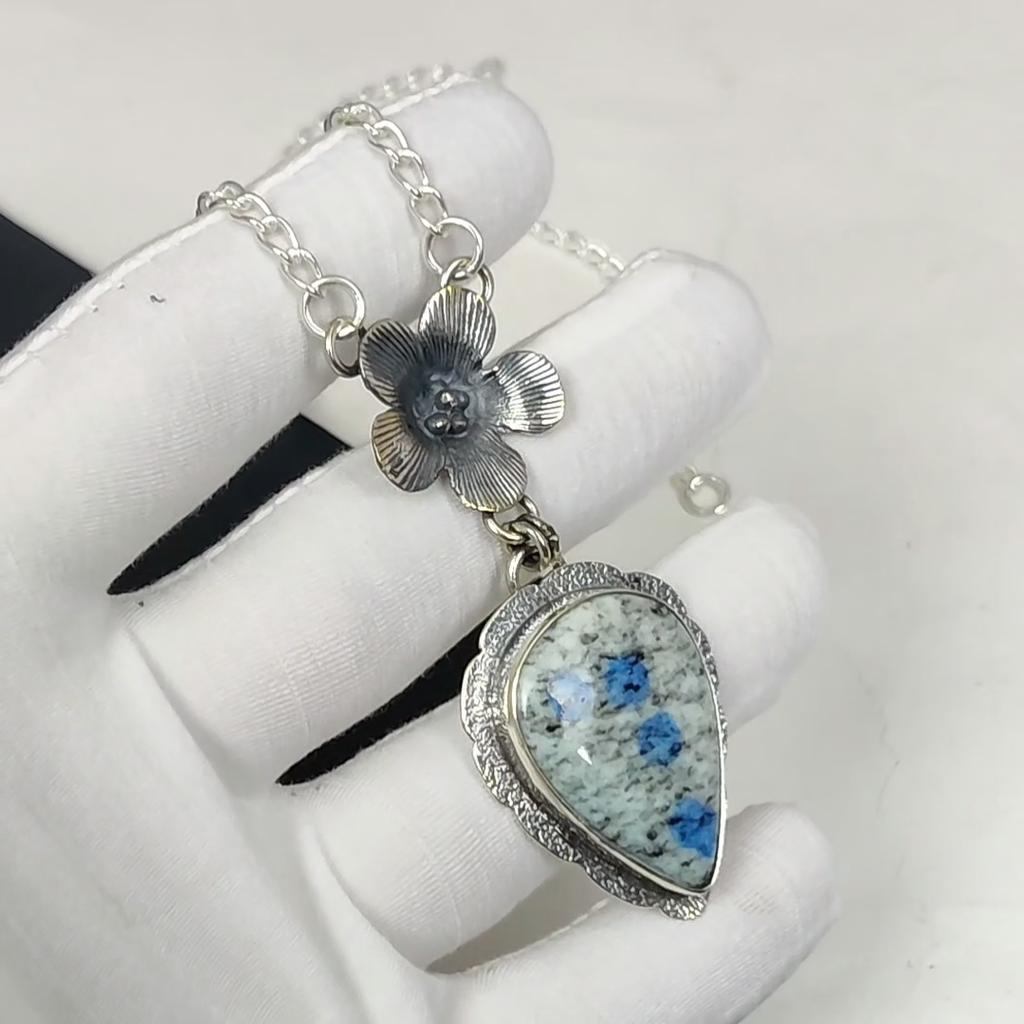 Натуральный драгоценный камень K2 Azurite, ручная работа, серебро 925 пробы, гальванопластика, цветок, серебряный кулон K2 Azurite для жены, унисекс, подарок для нее