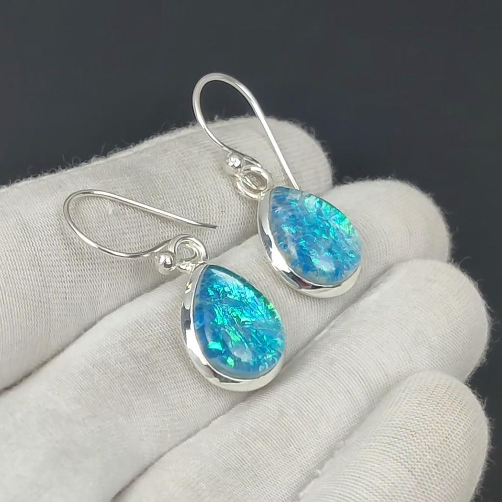 Blue Triplet Opal Earring, 925 Sterling Silver Earring Beautiful Gemstone Cabochon Earring Blue Birthday Earring Gift For Her For Women
