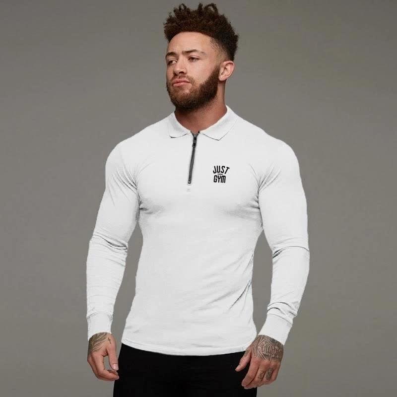 Muscleguys Just Gym Printed Bodybuilding Polo Shirts Men Slim Fit Long Sleeve Fitness Autumn Casual Comfortable T-shirts