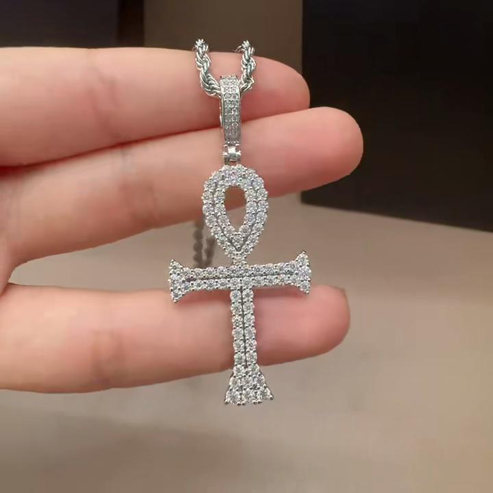 Egyptian Ankh Cross Pendant Necklace Iced Out Moissanite Hip Hop Copper Jewelry For Men Women