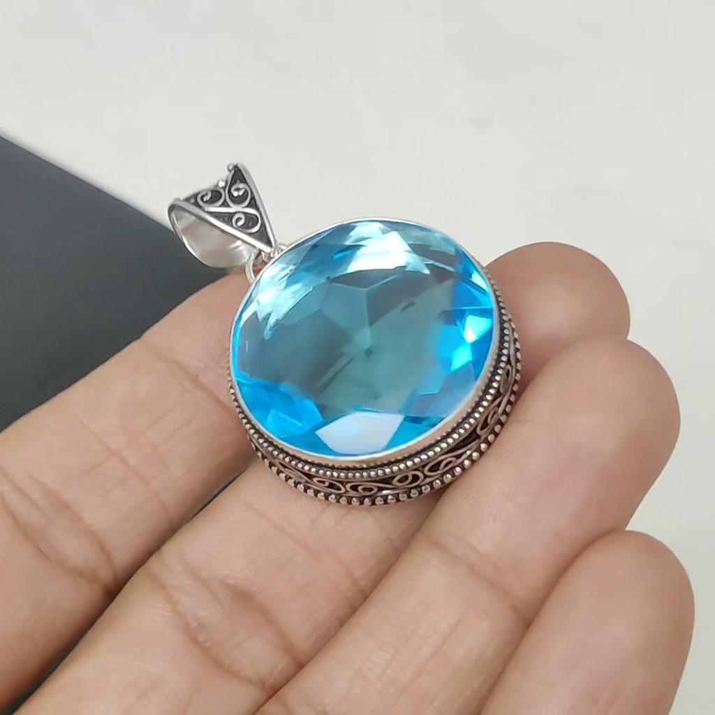 Swiss Blue Topaz Gemstone Silver Pendant In 925 Sterling Silver- Handmade Design, Everyday Wear Jewelry, Unique Swiss Blue Topaz Pendant Gifts