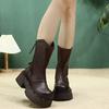 Johnature Genuine Leather Mid-calf Boots Retro Commuter Side Zipper Thick Heel Thick Bottom Women's Boots