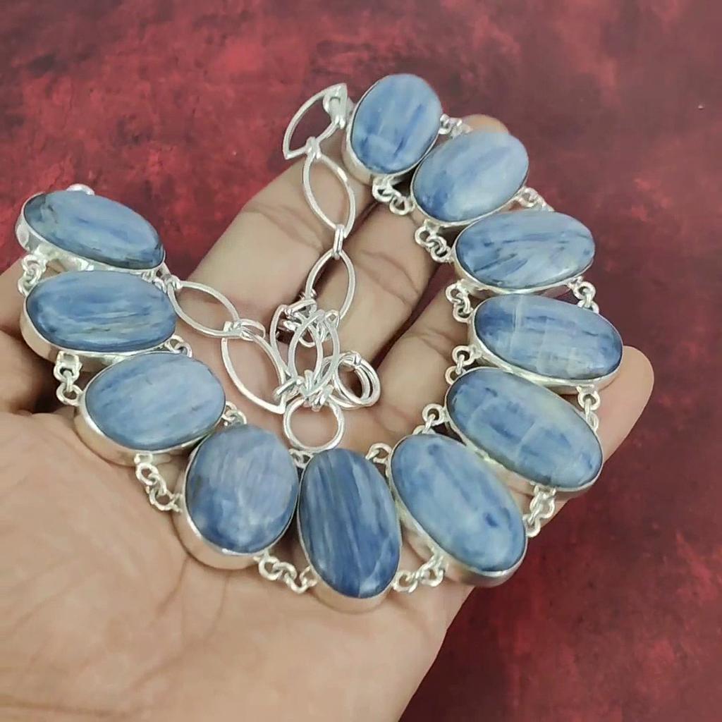 Ювелирные изделия ручной работы с кианитом, комплект ювелирных изделий из стерлингового серебра 925 пробы, красивое ожерелье и браслет, комплект ювелирных изделий для нее, удивительные украшения для подарка