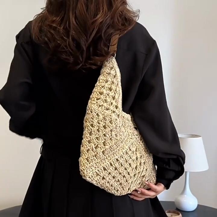 Летняя соломенная вязаная сумка, ажурная сумка-тоут, однотонная пляжная сумка через плечо, праздничная дорожная сумка, сумка через плечо в стиле бохо для женщин