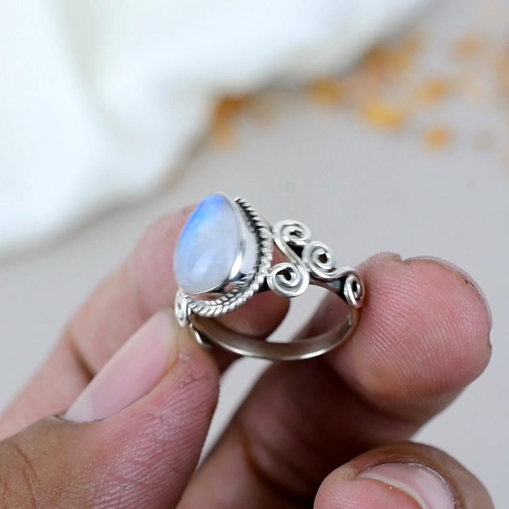 925 Sterling Silver Rainbow Moonstone Pear Shape Gemstone Ring For Women