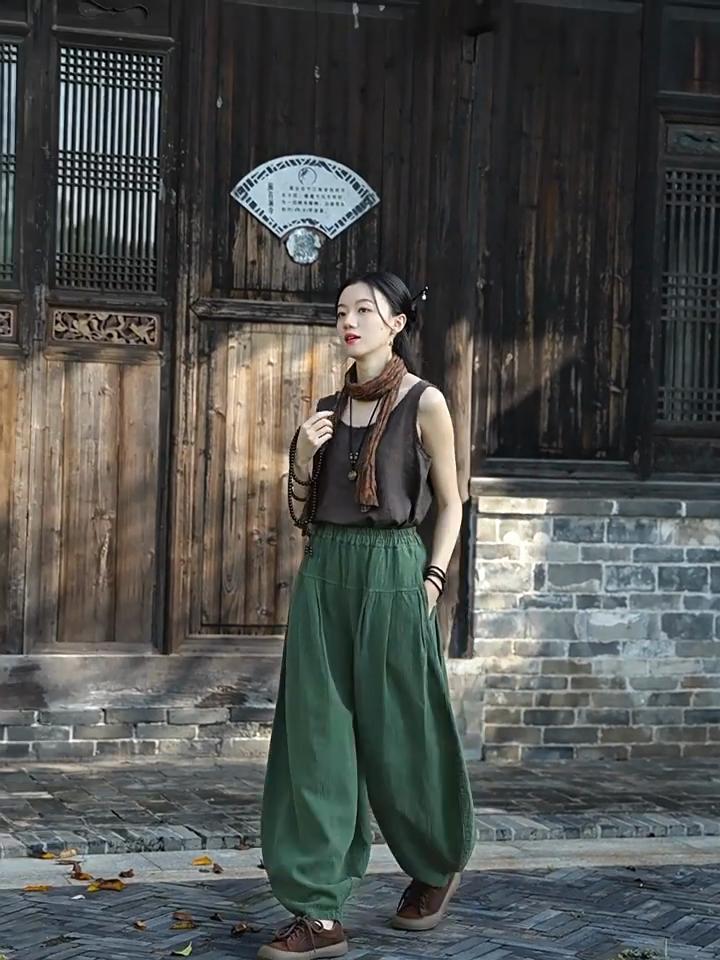 Johnature Women Vintage Bloomers Pants Solid Color Loose Trousers Autumn Pockets Patchwork Long Pants