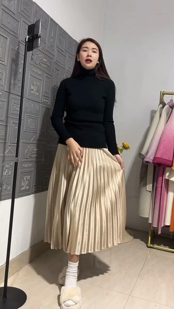 Women Midi Skirt Elastic High Waist Satin Pleated Skirt Solid Color Long Skirt Work Leisure Daily Wear