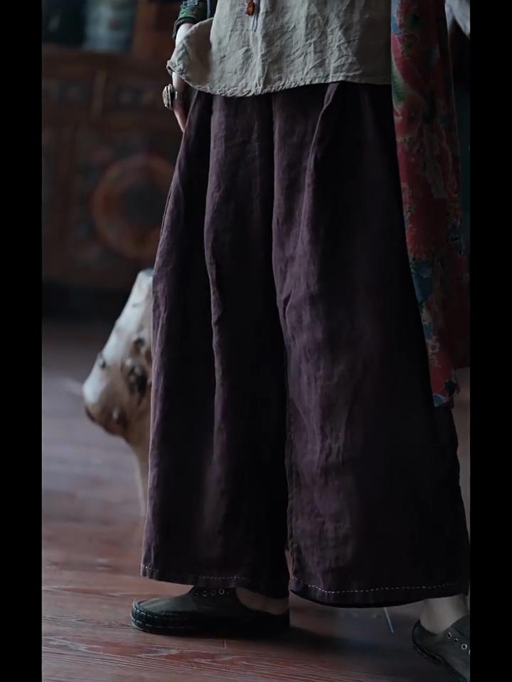 Johnature Women Vintage Solid Color Straight Pants Elastic Waist Spring Casual Loose Women Trousers