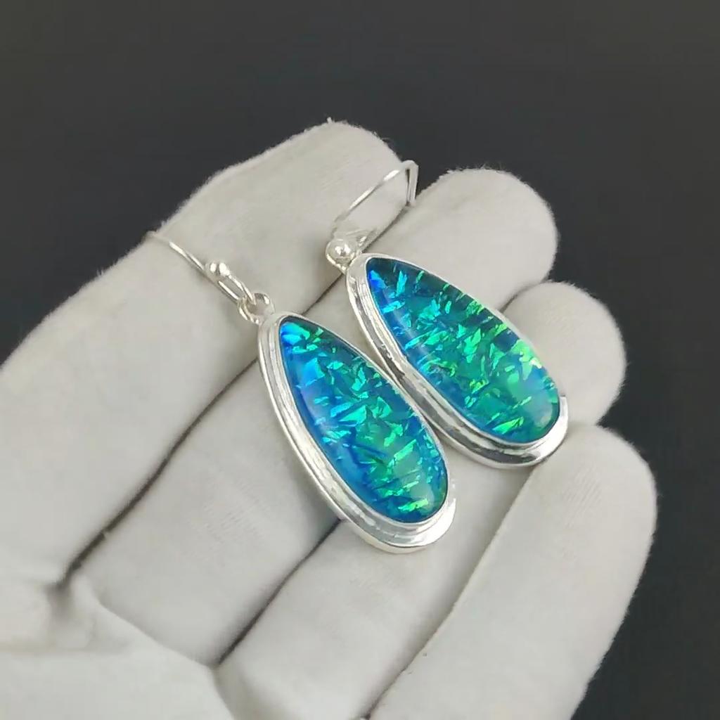 Blue Triplet Fire Opal Gemstone 925 Sterling Silver Earring, Handmade Boho Silver Jewelry Dangle Earrings, Valantine Day Gift