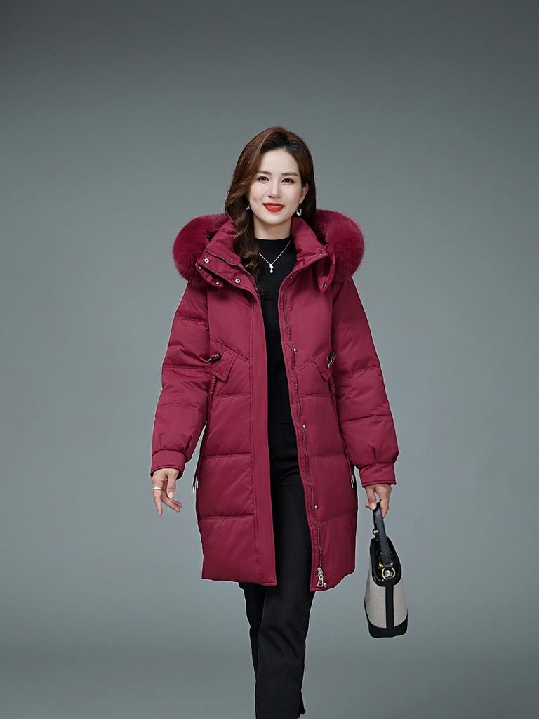 Middle Age Woman Winter Long Coats Hooded Faux Fur Collar Casual Thick Warm Parkas Women's Jackets