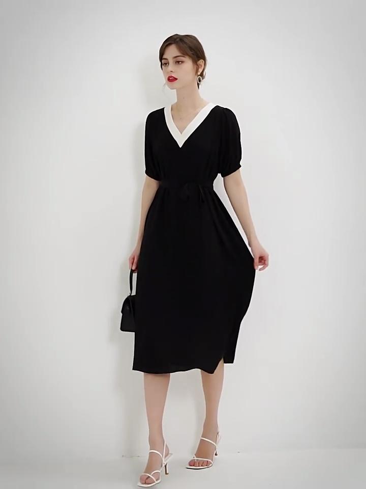 YYFS Women's Fashion Summer Solid Color Print Short Sleeve V-Neck Casual Dresses