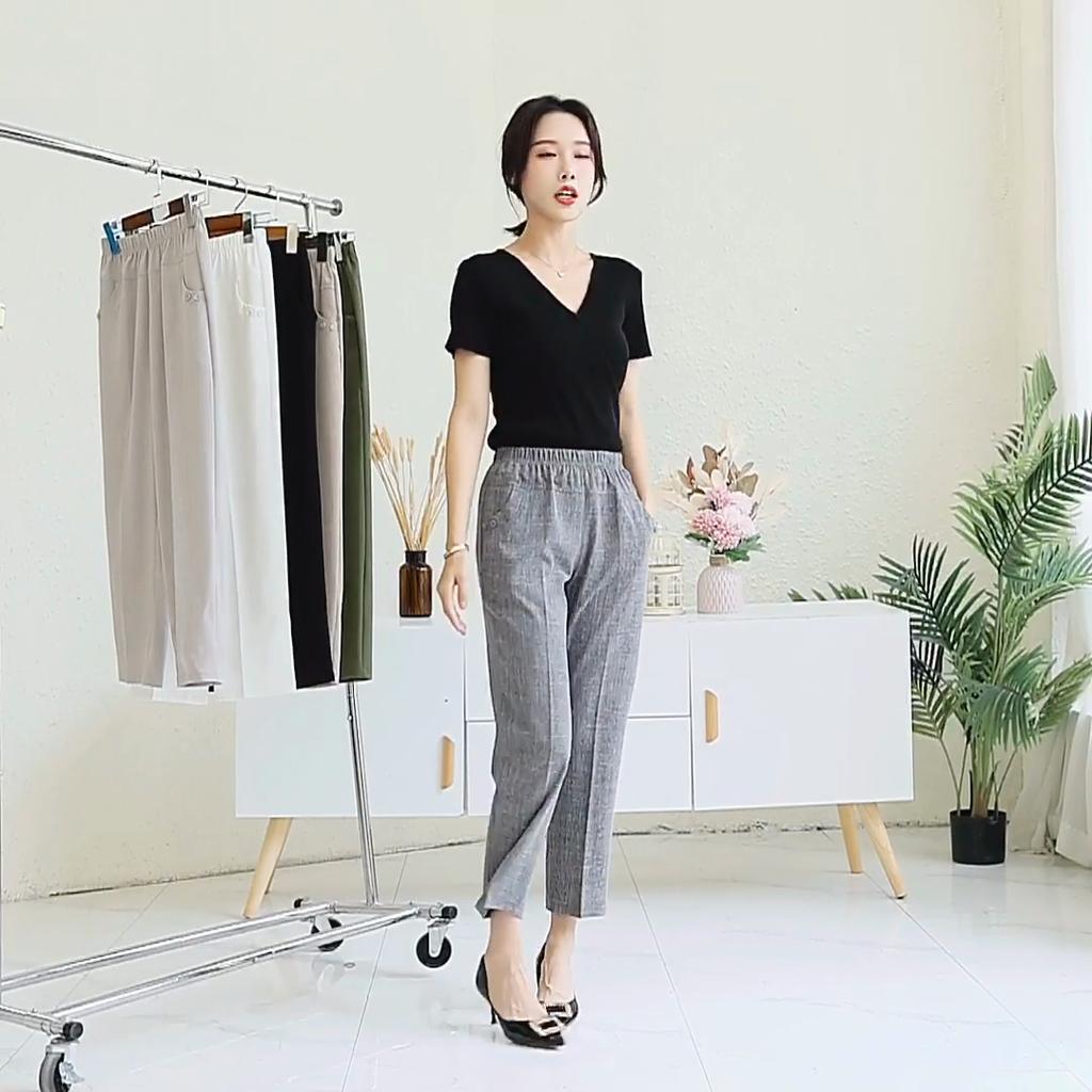Summer High Waist Straight Pants for Women Plus Size Classic Elastic Waist Cotton Linen Trousers