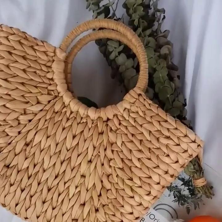 Yogodlns Simple Straw Handbag for Girls Summer Beach Travel Hand Bag Half Moon Hand Woven Rattan Handbags Round Handle Bags