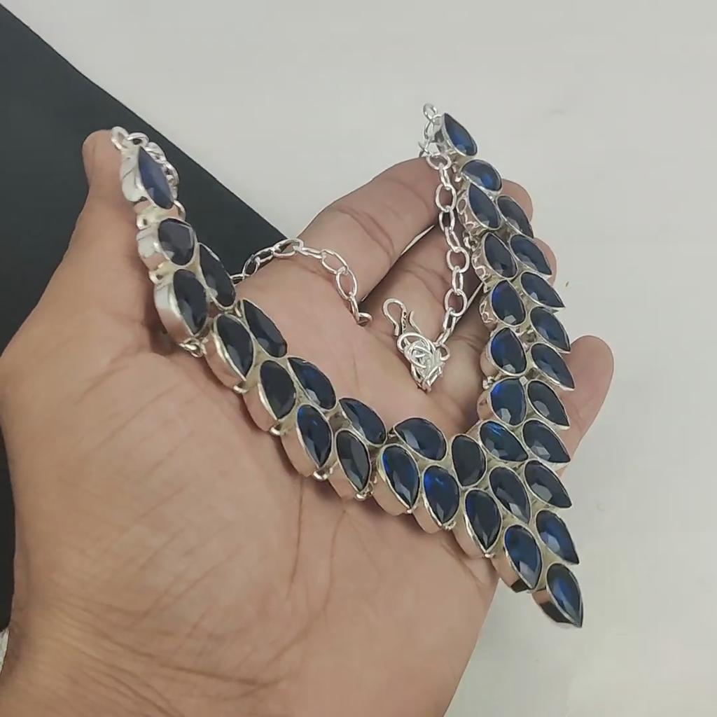 Красивое колье из серебра 925 пробы с синим сапфиром, колье из серебра с синим сапфиром для жены, унисекс, подарок на вату