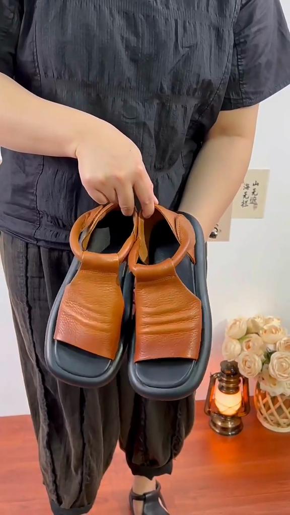 Johnature Retro Genuine Leather Peep Toe Sandals For Women's Comfortable And Breathable Thick Soled Shoes