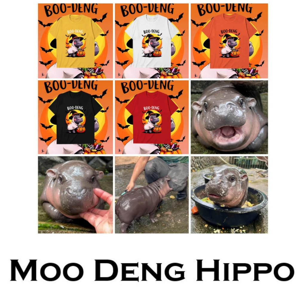 Футболка с принтом крошечного бегемота Moo Deng Tiny Baby Hippo Star Thailand Cute Pygmy Hippo Unisex для мужчин и женщин, для детей на Хэллоуин, с изображением летучей мыши и тыквы, с коротким рукавом и круглым вырезом