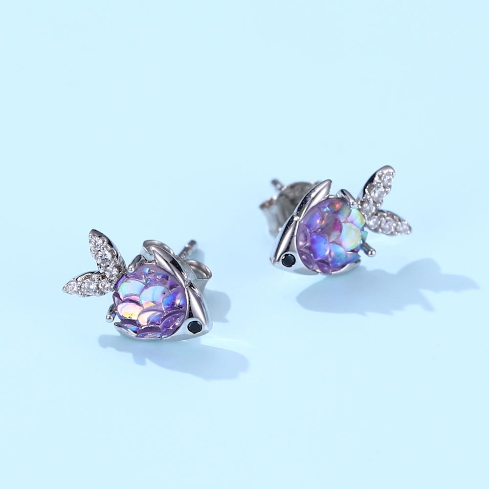 Гипоаллергенные серьги BAMOER из стерлингового серебра 925 пробы, сверкающие красочные фианиты, женские серьги-гвоздики «Счастливая маленькая рыбка»