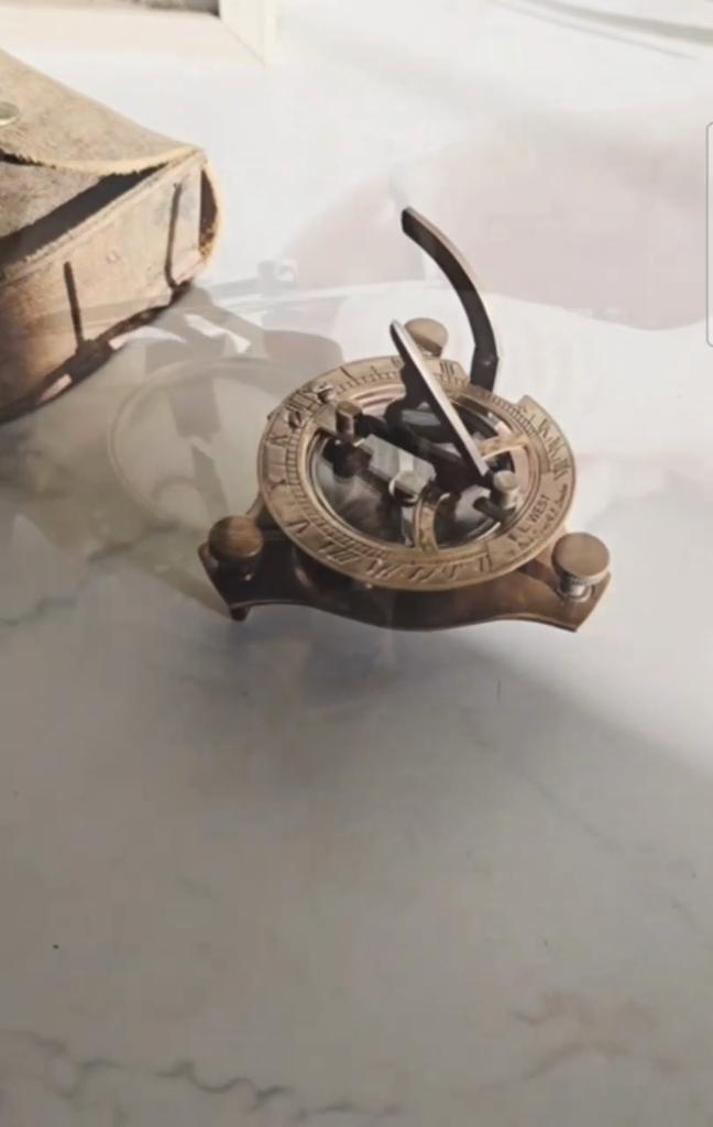 Handmade Brass Sundial Compass with Leather Case – Authentic Maritime Navigation Tool (7.62 Cm)