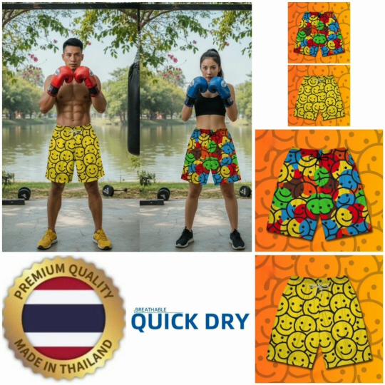 Smile Face Muay Thai Kickboxing Training Shorts Print Quick Dry Martial Art Boxer Unisex Men Women Kid Fighting Fitness Sport Gym Workout