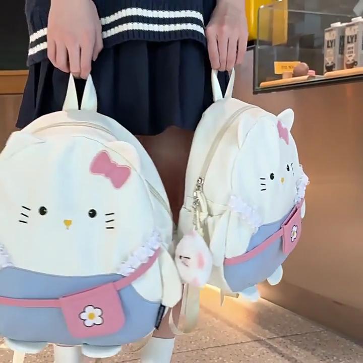 Cute Cartoon Bow Lace Cat Design Student Casual Backpack With Plush Pendant For Students