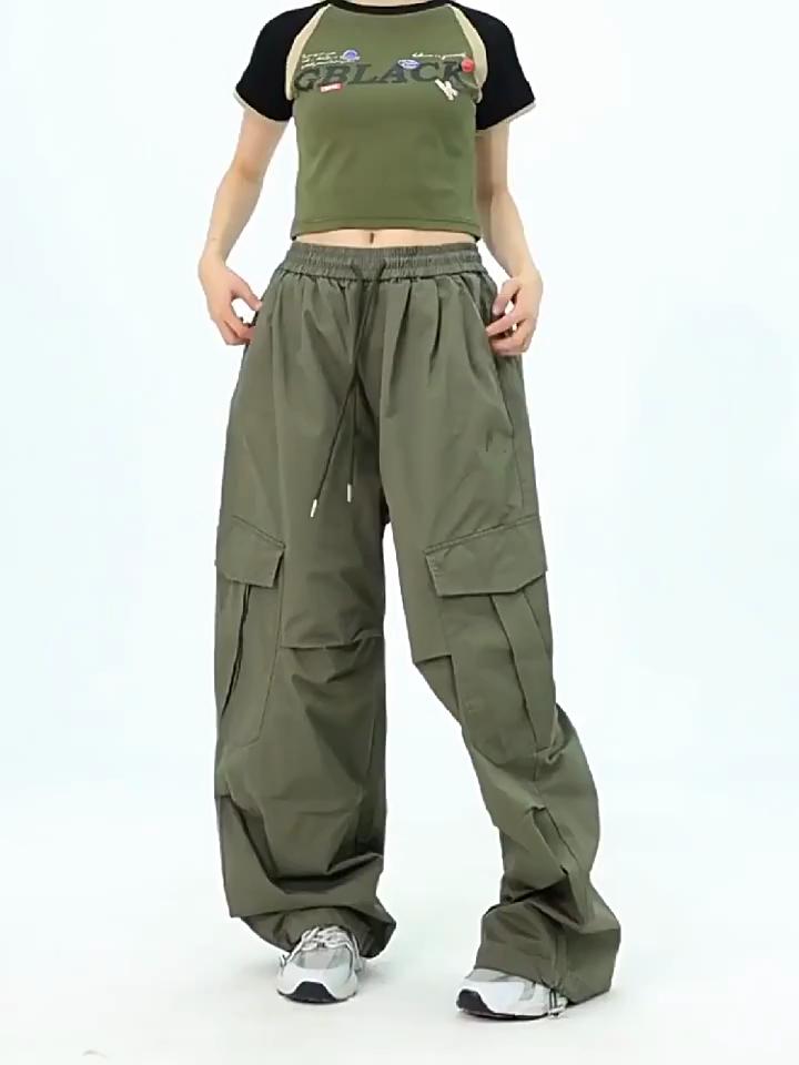 Women Big Pockets Cargo Pants Y2k High Elastic Waist Drawstring Baggy Trousers Vintage Casual Loose Wide Leg Straight Pants