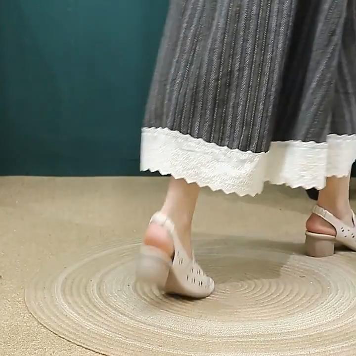 Johnature Round Toe Hollow-out Breathable Thick Heel Sandals Retro Versatile Commuting Women's Shoes