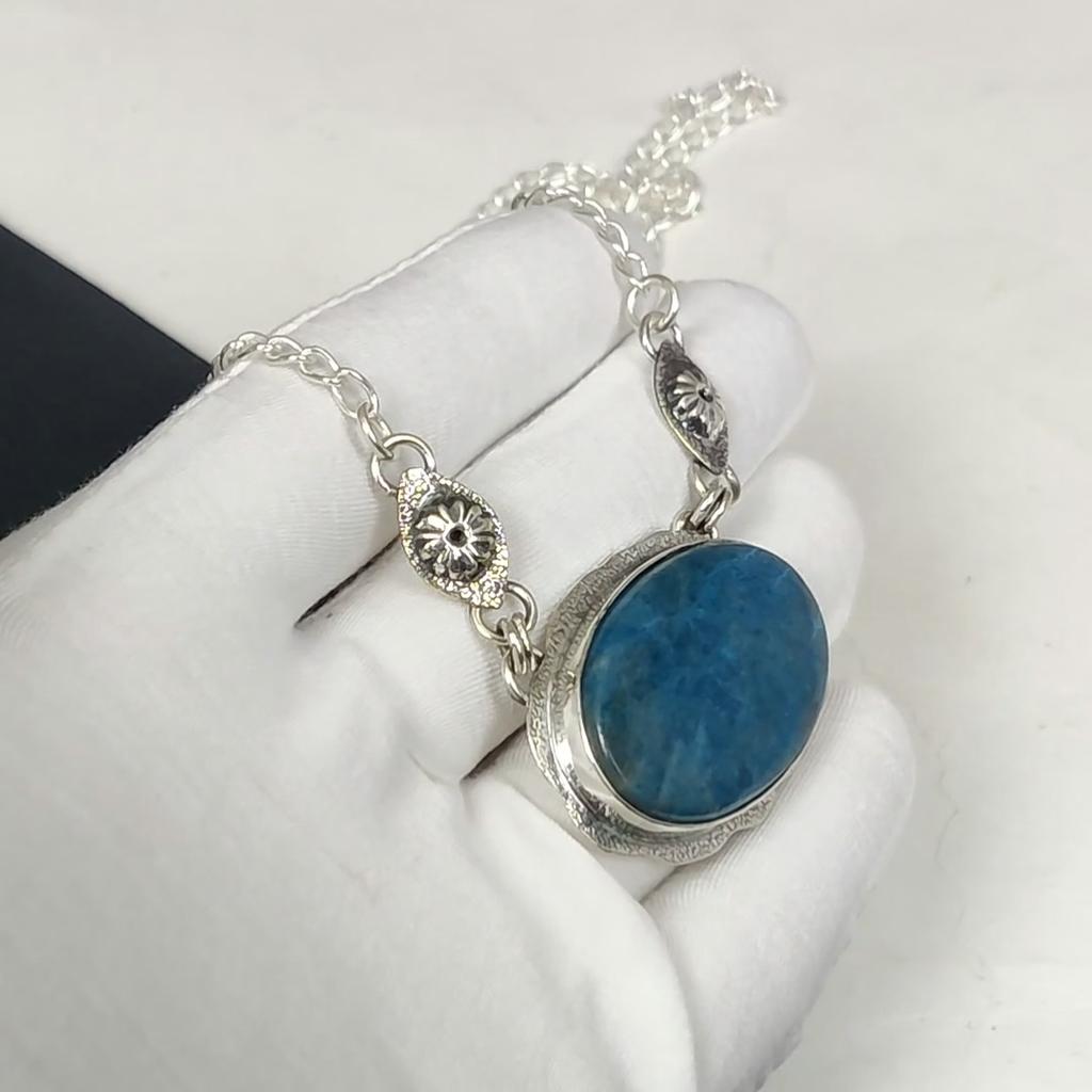 Натуральный голубой апатит драгоценный камень ручной работы из стерлингового серебра 925 пробы гальванопластика ожерелье, голубой апатит серебро для жены унисекс кулон помолвка подарки