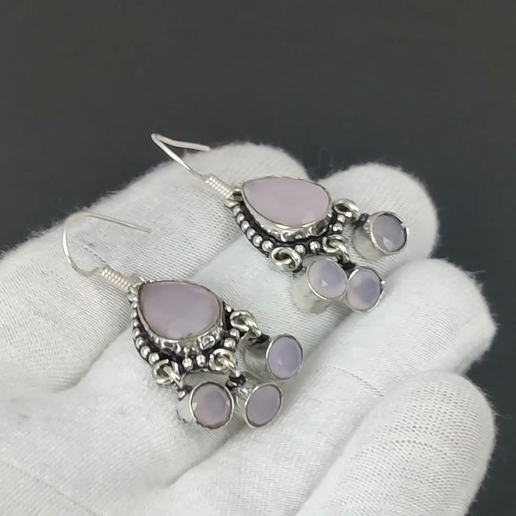 Серьги из розового кварца, серьги с драгоценными камнями, старинные серебряные серьги с драгоценными камнями из розового кварца, ювелирные изделия из цельного серебра 925 пробы, серьги с драгоценными камнями для нее