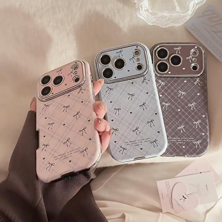 Подходит для Apple IPhone 17 Pro Max и IPhone 16, Кожаный Клетчатый Чехол-Бант, 15 Ретро Стиль, 13 Мягкий Стиль, 12 Полное Покрытие