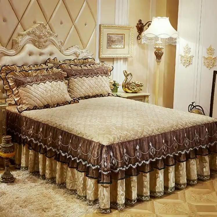 Осенне-зимняя бархатная кружевная юбка-кровать, толстое стеганое европейское покрывало, комплект из четырех предметов, матрас, нескользящий защитный чехол, постельное белье