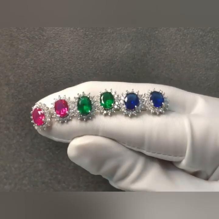 Luxury Genuine 925 Sterling Silver Earrings Oval Ruby Cute Zirconia Stud Earring