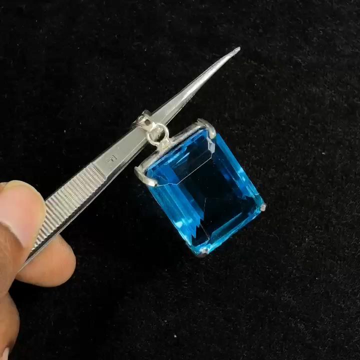 Natural Blue Topaz Pendant 91 ct Emerald Cut 925 Sterling Silver Gemstone Jewelry Gift